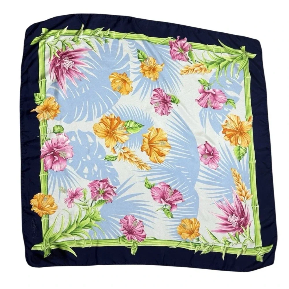 Jodhpur Paris Silk Square Scarf Blue Tropical Floral Print 34